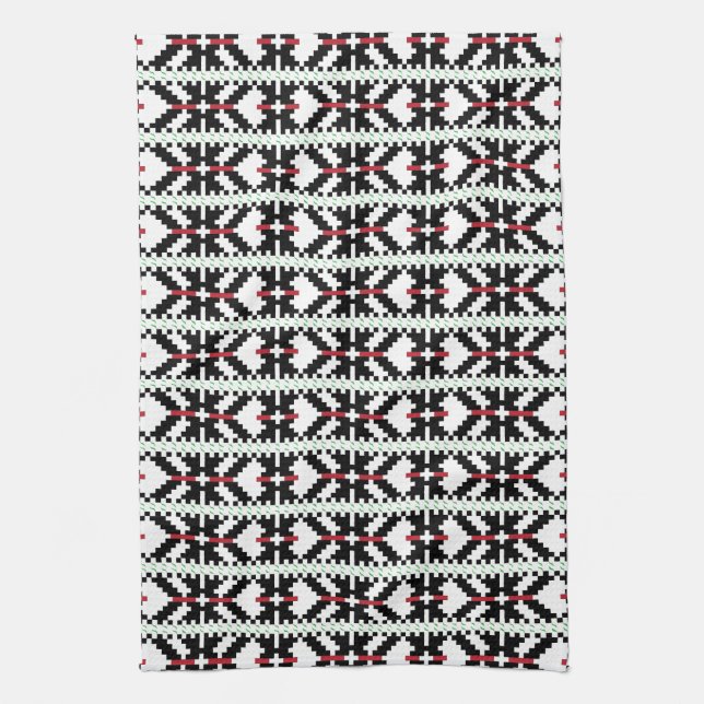 Masculine Black and white Latvian tribal folk art Tea Towel (Vertical)