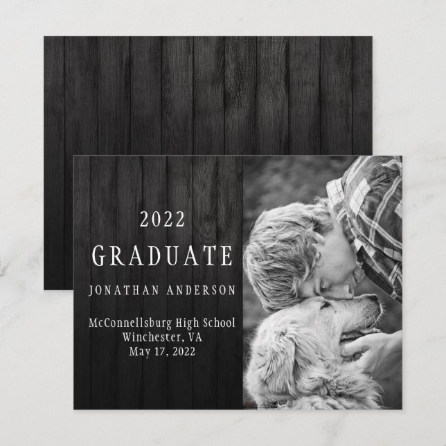 Masculine Black Barn Wood Photo Graduation Invitation (Front/Back)