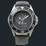 Masculine Black Face Grey White Monogram Groomsman Watch<br><div class="desc">Gift your groomsmen a piece of rugged elegance with this classic black face watch. Featuring a bold grey monogram and crisp white font for names and dates, this timepiece is designed for the modern man who appreciates a masculine, sturdy aesthetic. It’s a functional keepsake that honours your brotherhood. Update the...</div>