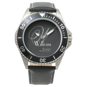 Masculine Black Face Grey White Monogram Groomsman Watch