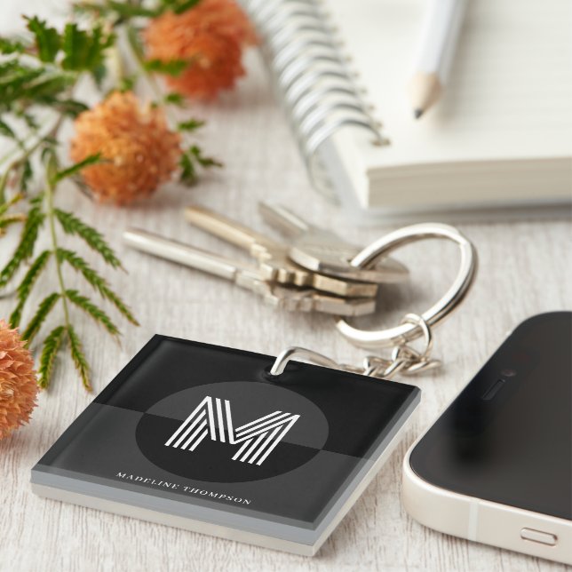 Masculine Black Grey Geometric Modern Monogram Key Ring (Front Right)