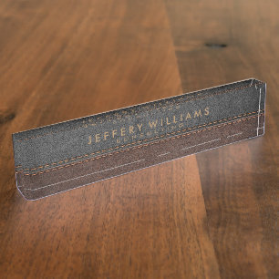 Masculine Black Leather Brown Accents Nameplate