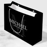 Masculine Black Personalised Groomsmen Large Gift Bag<br><div class="desc">Add a personal touch to your wedding with personalised groomsmen gift bag. This gift bag features personalised groomsman's name with title and wedding date in white and monogram in grey as background, in classic serif font style, on black background. Also perfect for best man, father of the bride, ring bearer...</div>