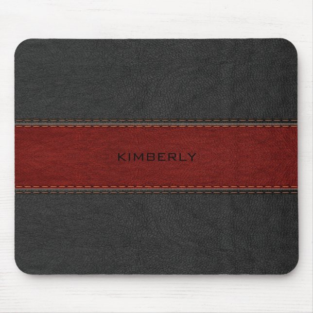 Masculine Black & Red Leather Mouse Mat (Front)