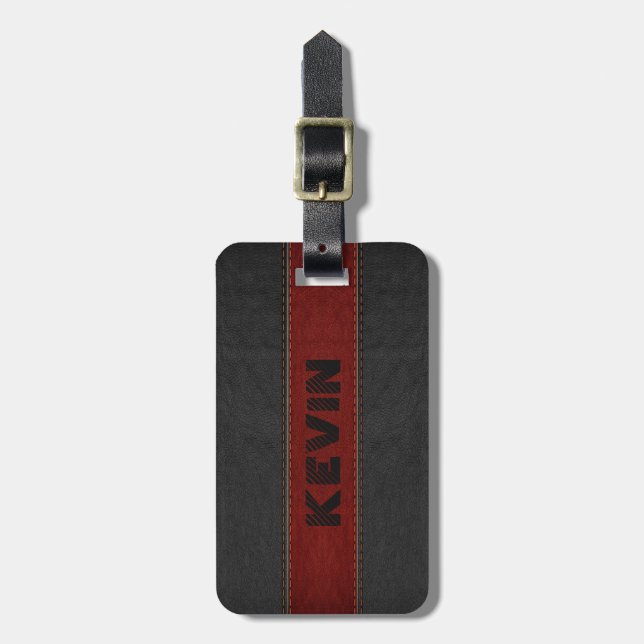 Masculine Black & Red Vintage Leather Print Luggage Tag (Front Vertical)
