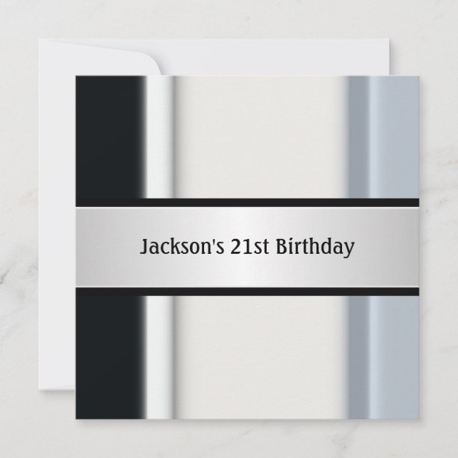 Masculine Black White Blue 21st Birthday Party Invitation (Front)
