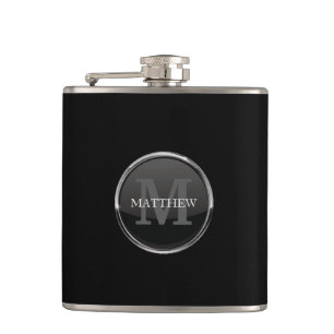 Masculine Black With Round Design Name Monogram Hip Flask