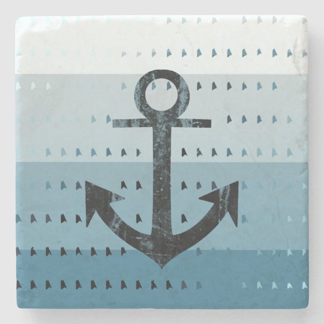Masculine Blue Anchor Nautical Pattern Design Stone Coaster (Front)