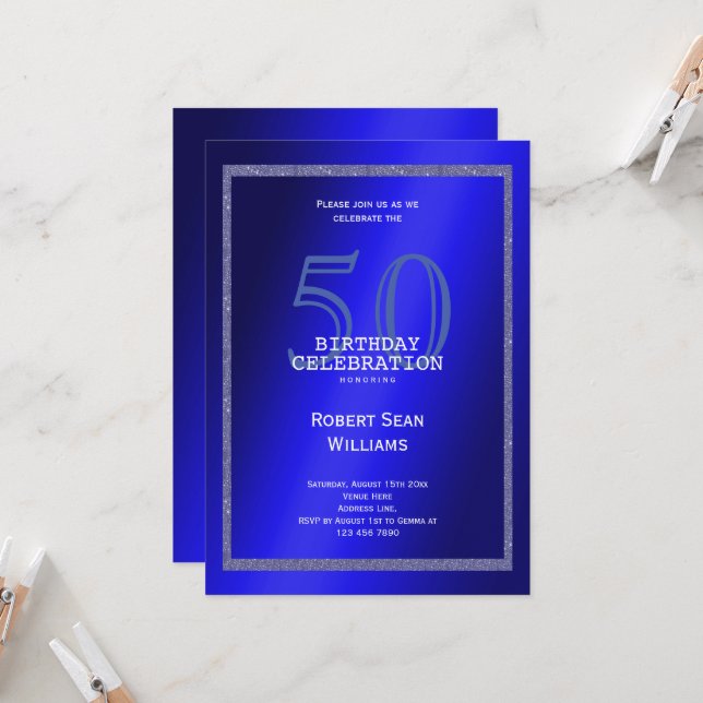 Masculine Blue & Glitter Frame 50th Birthday Invitation (Front/Back In Situ)