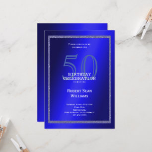 Masculine Blue & Glitter Frame 50th Birthday Invitation