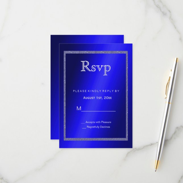 Masculine Blue & Glitter Frame 50th Birthday RSVP Card (Front/Back In Situ)