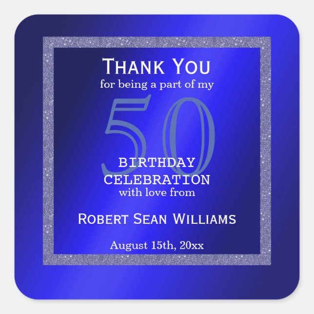 Masculine Blue & Glitter Frame 50th Birthday  Square Sticker (Front)