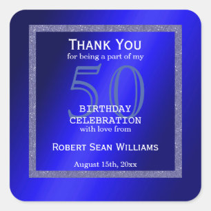 Masculine Blue & Glitter Frame 50th Birthday  Square Sticker