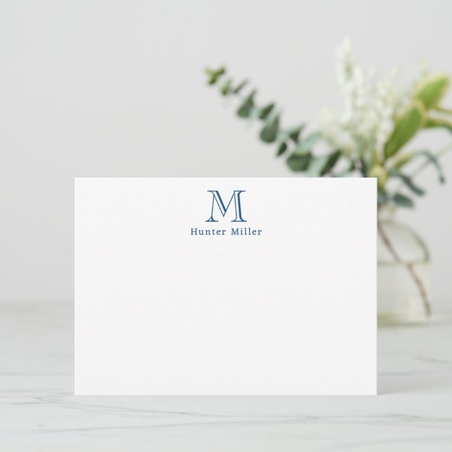 Masculine Blue Initial Monogram and Name Flat Note Card (Standing Front)