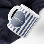 Masculine Blue Striped Personalized Monogrammed Large Coffee Mug<br><div class="desc">Masculine blue striped personalized monogrammed name mug for you to personalize .. designed in blue and white colors this striking giant mug is modern and stylish .. and is easy to customize.. have your beverage in style with Equal To Angels / Ricaso home wear products</div>