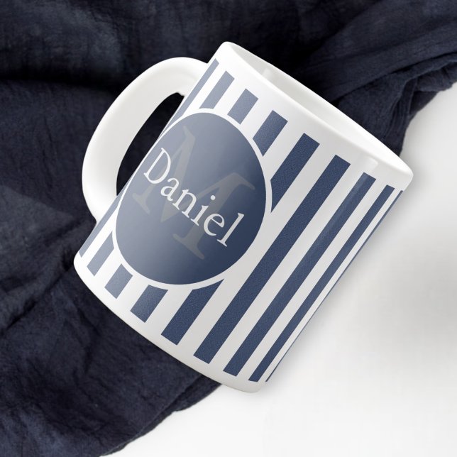 Masculine Blue Striped Personalized Monogrammed Large Coffee Mug (Creator Uploaded)