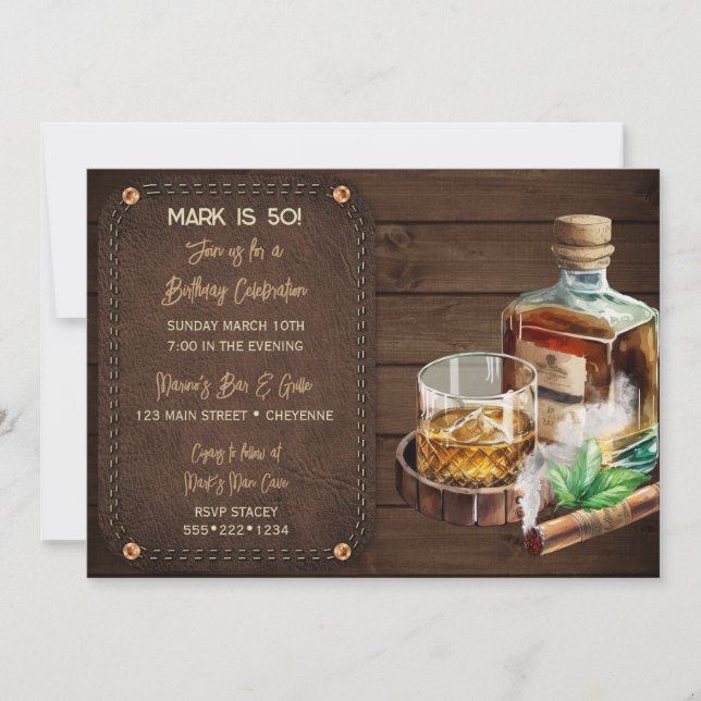 Masculine Bourbon Whiskey Cigars Wood Leather Invitation (Front)