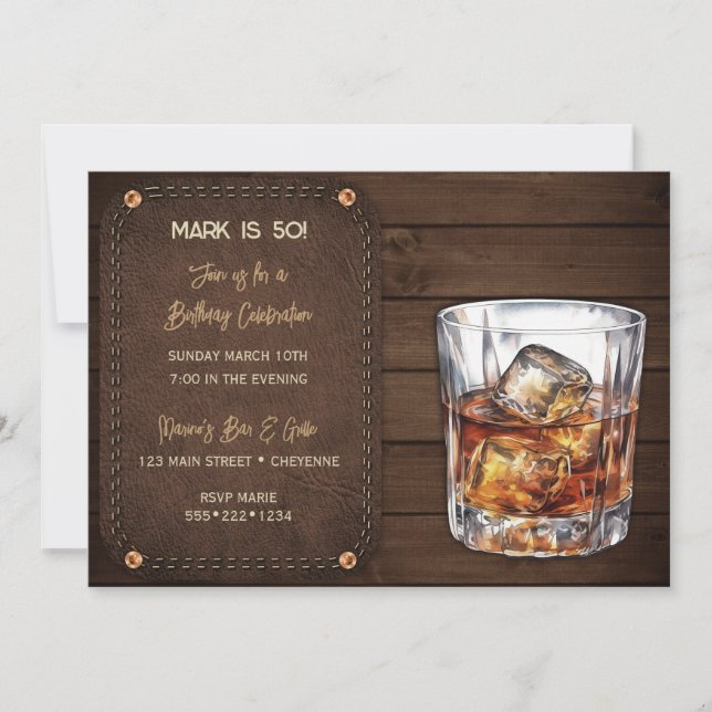 Masculine Bourbon Whiskey Scotch Wood Leather Invitation (Front)