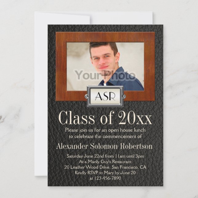 Masculine Boys Leather Wood Monogram Graduation Invitation (Front)