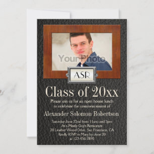 Masculine Boys Leather Wood Monogram Graduation Invitation