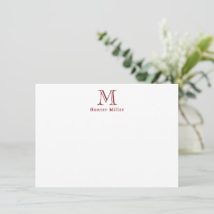 Masculine Brick Red Initial Monogram and Name Flat Card