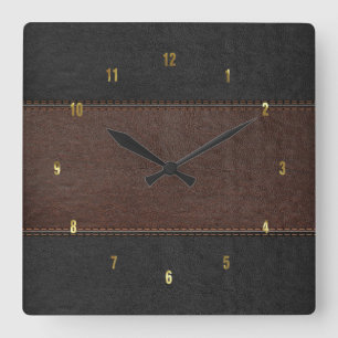 Masculine Brown & Black Stitched Leather Texture Square Wall Clock