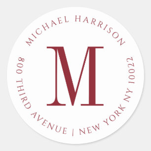 Masculine Burgundy Red Monogram Classic  Round Sticker