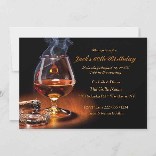 Masculine Cigars & Brandy Cognac Snifter Monogram Invitation (Front)