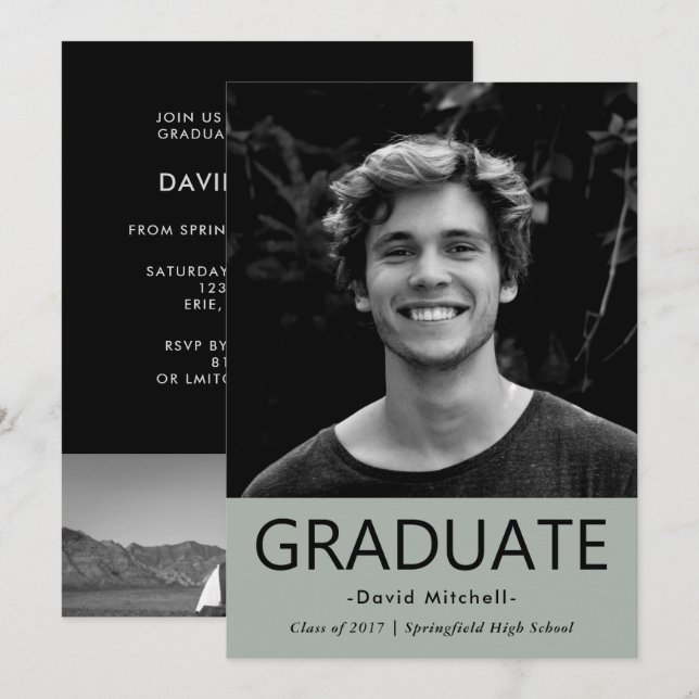Masculine Classic Grey Graduation Party | Photo Invitation (Front/Back)