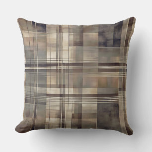 Masculine Dark Brown Warm Grey Rustic Plaid Print Cushion