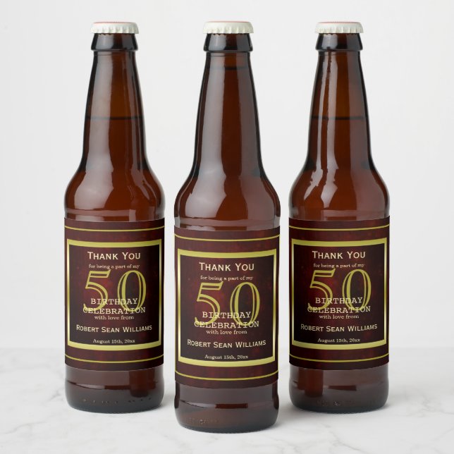 Masculine Double Gold Frame 50th Birthday   Beer Bottle Label (Bottles)