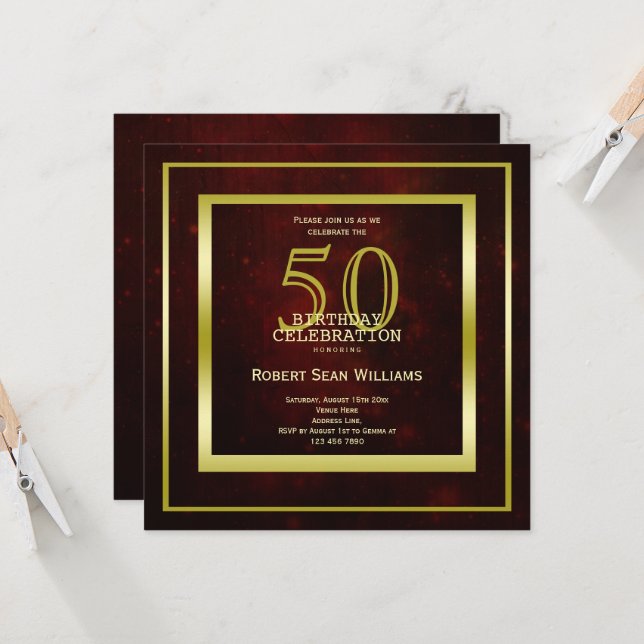 Masculine Double Gold Frame 50th Birthday Invitation (Front/Back In Situ)