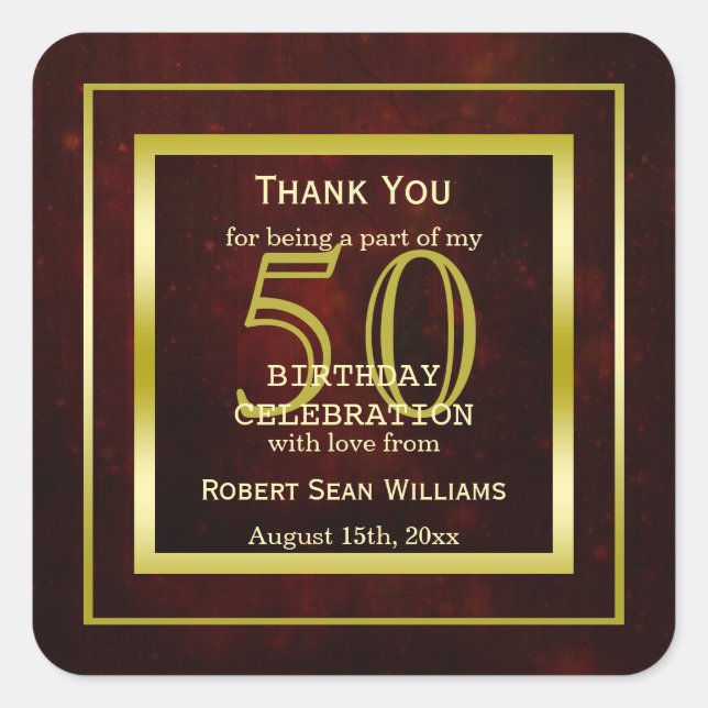 Masculine Double Gold Frame 50th Birthday    Square Sticker (Front)