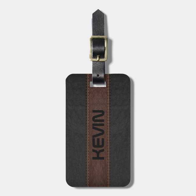 Masculine Elegant Grey & Brown Vintage Leather Luggage Tag (Front Vertical)