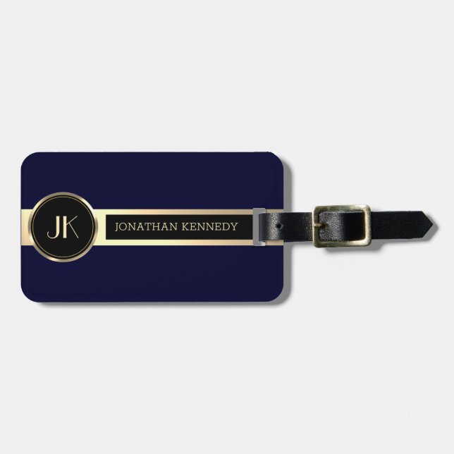 Masculine Executive Blue & Gold Metal monogram Luggage Tag (Front Horizontal)