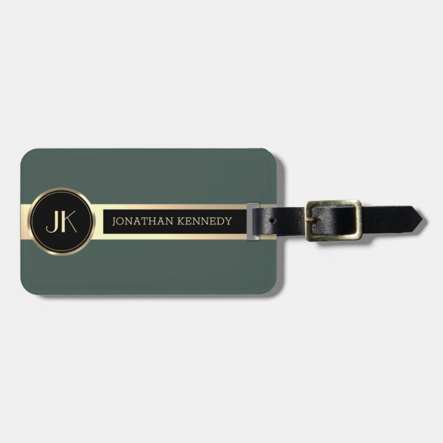 Masculine Executive Green & Gold Metal monogram Luggage Tag (Front Horizontal)