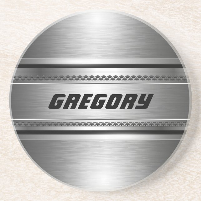 Masculine Faux Silver Stripes Design Monogramed Coaster (Front)