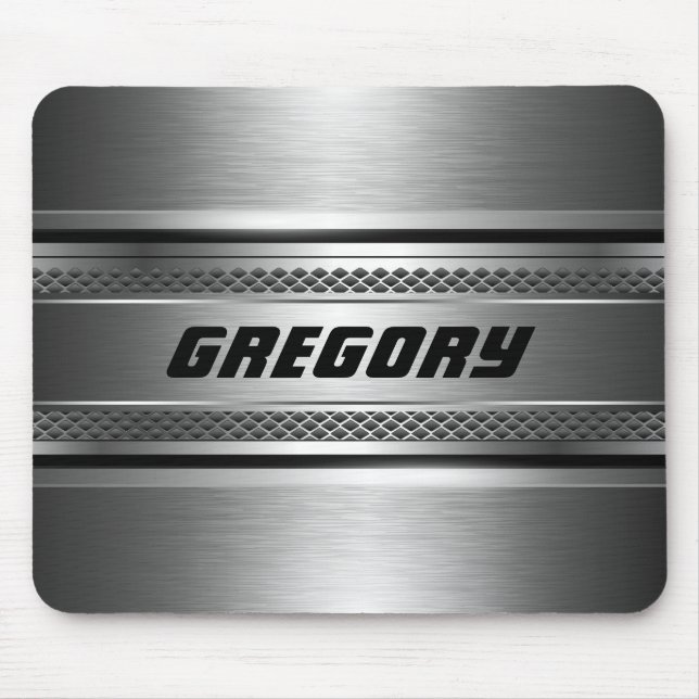 Masculine Faux Silver Stripes Design Monogramed Mouse Mat (Front)