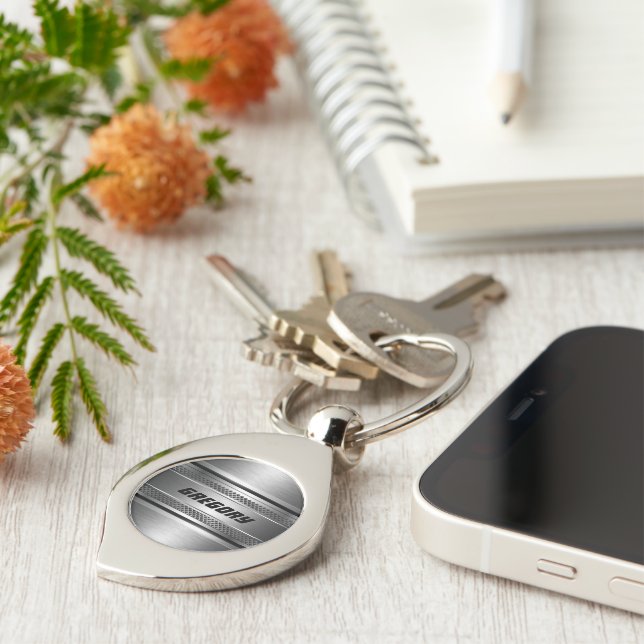 Masculine Faux Silver Stripes Pattern Key Ring (Side)