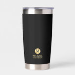 Masculine Gold Personalised Groomsmen Insulated Tumbler<br><div class="desc">Add a personal touch to your wedding with personalised groomsmen tumbler. This design features monogram in gold circle element with name and title in gold professional font style on black background. Also perfect for best man, father of the bride and more. Please Note : The foil details are simulated in...</div>