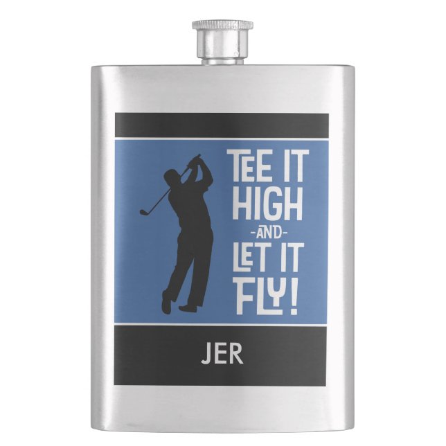 Masculine Golf Tee Quote Cute Monogram Black Blue Hip Flask (Front)