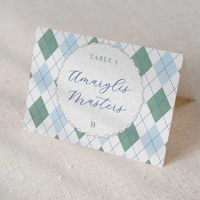 Masculine Golf Theme Individual Place Cards (Preppy blue and green argyle print golf ball baby shower or birthday personalized place cards )