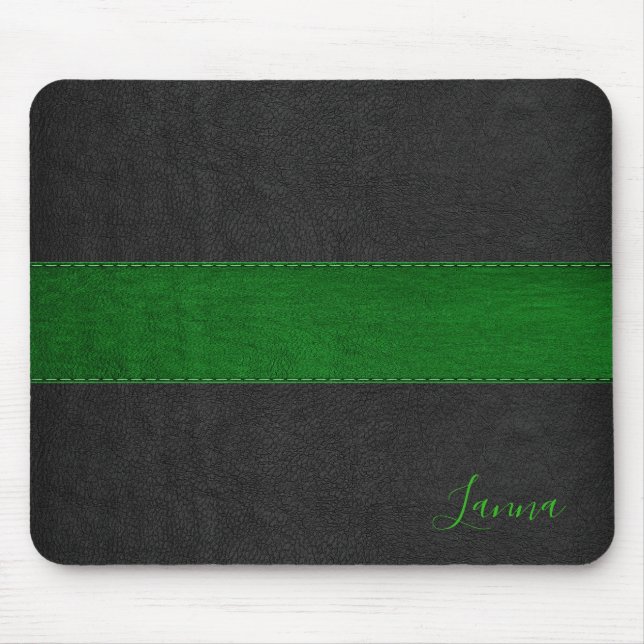 Masculine Green & Black Leather Monogram Mouse Mat (Front)