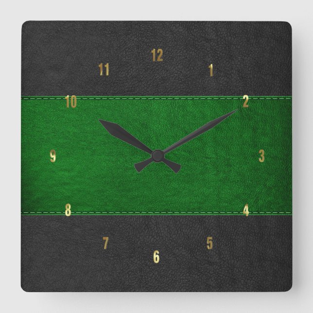 Masculine Green & Black Stitched Leather Texture Square Wall Clock (Front)
