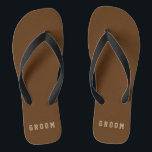 Masculine Groom Flip Flops Custom Colours<br><div class="desc">Customisable "brown" with beige "groom" editable text. Great for anyone in the wedding party or simply put your name in the template. Click "Customise It" and use the swatches on the right to change the background colour. The eyedropper tool gives you even more swatches, and "advanced" link opens the entire...</div>