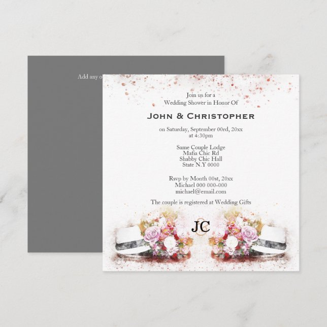 Masculine hat watercolor bouquet gay marriage invitation (Front/Back)