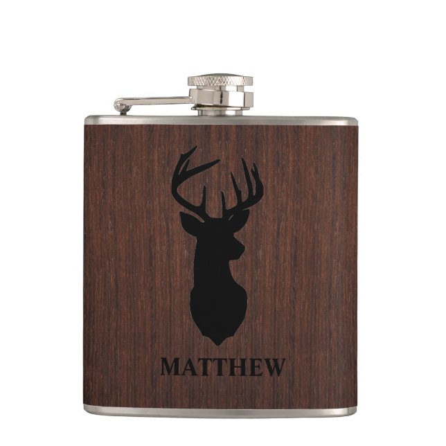 Masculine Hunter Buck Deer Design Name Monogram Hip Flask (Front)