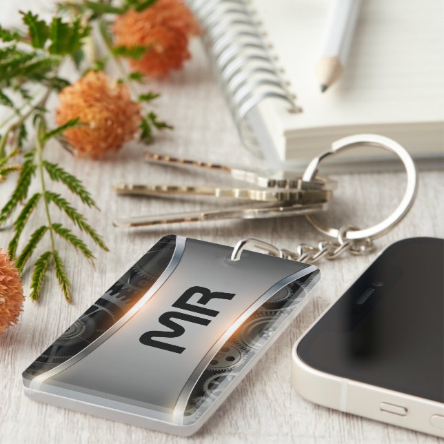 Masculine metallic gray background print key ring (Front Right)