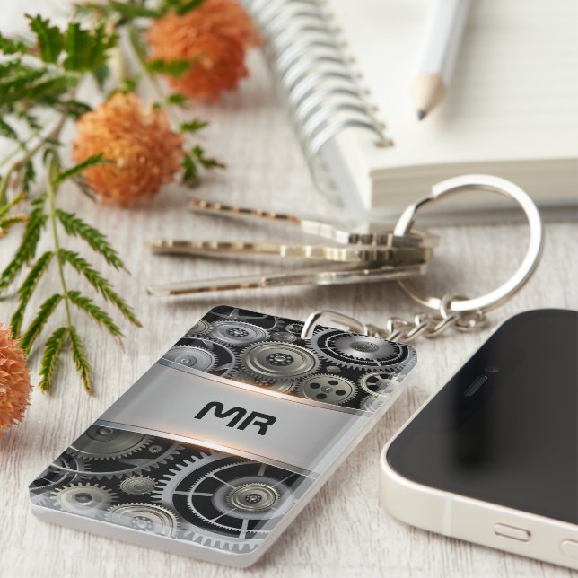 Masculine metallic grey background print key ring (Front Right)