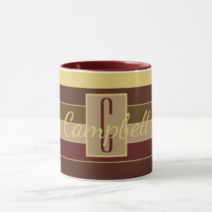 MASCULINE MONOGRAM BROWN MAROON YELLOW STRIPE MUG
